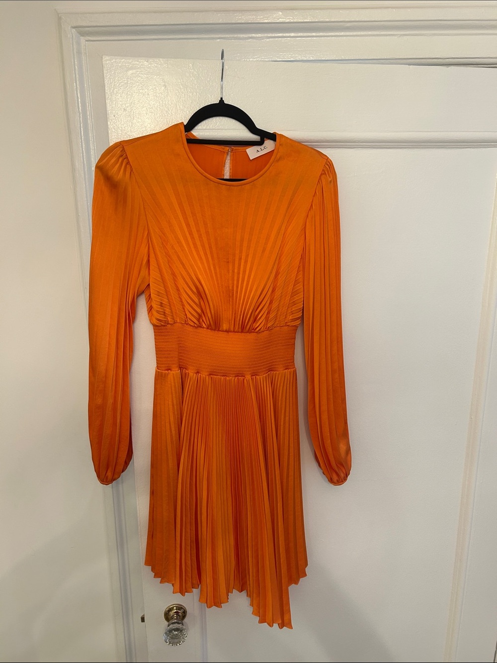 A.L.C. Bright Orange Pleated Long-Sleeve Dress